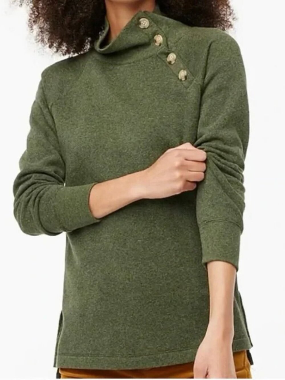 J CREW MOSS GREEN BUTTON HIGH COLLAR CLOUDSPUN FLEECE TUNIC WOMENS SIZE MEDIUM